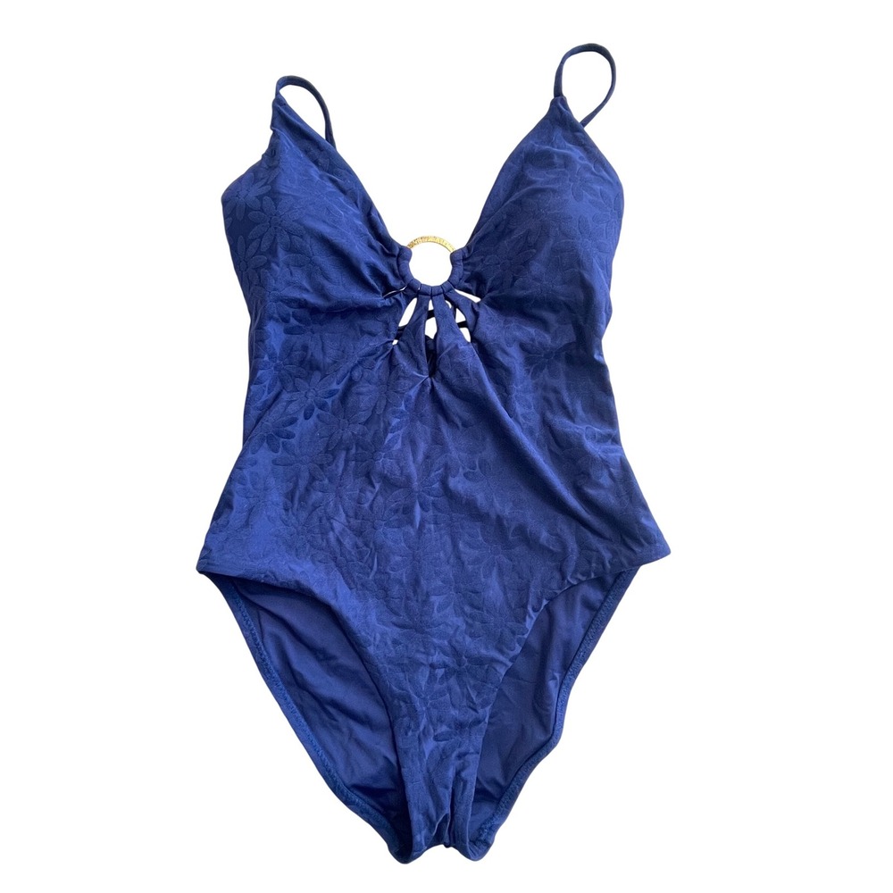 Trina Turk Blue Joplin Jacquard Petal Cutout Plunge Swimsuit Women's Size 8